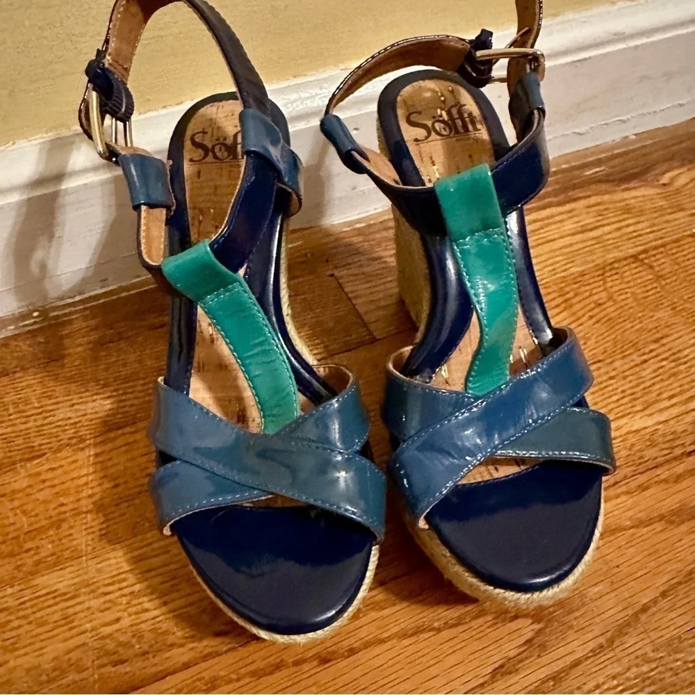 Sofft NWOT blue turquoise wedge sandals a T Strap espadrilles Size 6 women